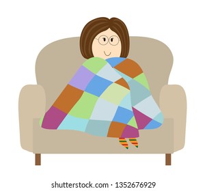 A woman is basking under a warm patchwork blanket. Vector illustration.