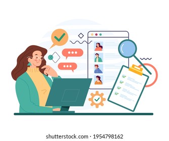 Woman bass character choosing job work candidate. Recruitment head hunting human resources concept. Vector flat cartoon modern style abstract illustration