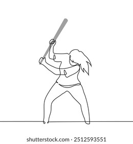 woman with bat swung - one line art vector. concept splash out rage and irritation, destroy, vandalism. Handmade vector not AI