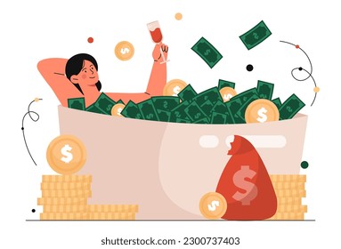 Woman in bath with money. Millionaire and successful entrepreneur or businesswoman relaxing with wine. Gold coins and banknotes. Rich character with her wealth. Cartoon flat vector illustration