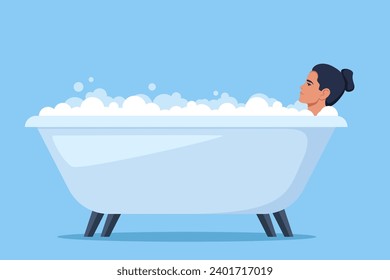 Woman in bath. Relaxed girl in bathtub with foam bubbles. Self care and hygiene, spa and relaxing. Vector illustration