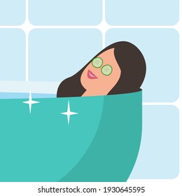 Woman in bath relaxing with cucumber on eyes vector illustration
