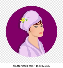 Woman in Bath Robe Wrap in Towel Turban on Head Portrait Isolated on Transparent Background. Spa Cosmetics Procedure in Salon or Bathroom. 
Cartoon Flat Vector Illustration