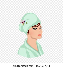 Woman in Bath Robe Wrap in Towel Turban on Head Portrait Isolated on Transparent Background. Spa Cosmetics Procedure in Salon or Bathroom, Take Shower Routine Hygiene Cartoon Flat Vector Illustration