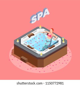 Woman in bath with rose petals during water therapy isometric composition on pink background vector illustration