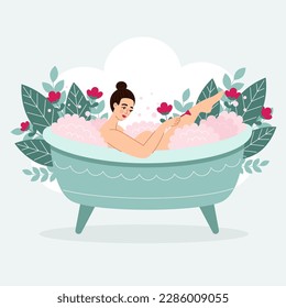 Woman in bath with salt and flowers. Relaxation, spa, body care. Vector illustration in cartoon flat style.