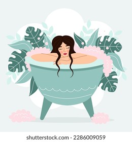 Woman in bath with salt and flowers. Relaxation, spa, body care. Vector illustration in cartoon flat style.