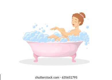 Woman in bath tub. Taking the bath in foam and soap.