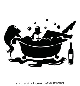 woman in bath with wine silhouette. Vector illustration