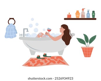 Mujer en baño con vino. Ilustración vectorial de mujer joven tomando un baño relajante en agua caliente con espuma y copa de vino tinto. Cuidados personales diarios. Ilustración plana.