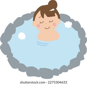 a woman bathe in the outdoor hot spring(cartoon character illustration)