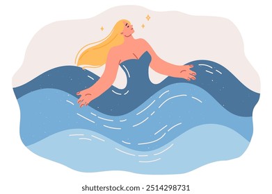 A mulher toma banho na água do mar ou na piscina, erguendo-se acima das ondas com sorriso e sentindo harmonia com a natureza. Garota com roupas em forma de água gosta de nadar e olha para cima, desfrutando de raios de sol de verão