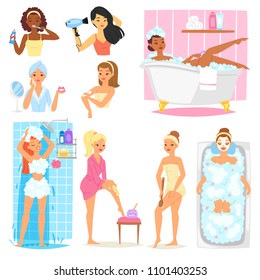 Woman bathing in bathroom vector beautiful girl character in bathrobe cleaning teeth and washing in bath illustration set of women with skincare cream isolated on white background