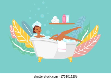 Woman bathing in bathtub, dark skinned asiatic girl in bathroom cartoon vector Illustration. Body relaxation and hygiene in bath, beauty spa at home, relax washing in foam bubbles.