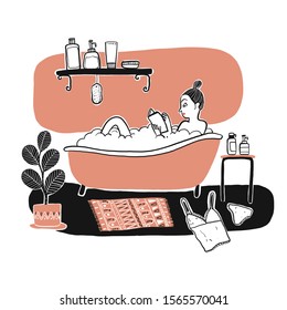 Woman bathing in a bathtub. Moments of relaxation the appearance and lifestyle. Collection of hand drawn. Vector illustration in sketch doodle style.