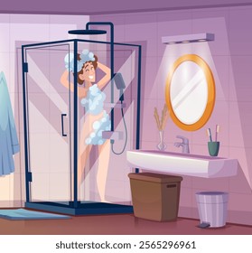 woman bathing. cleaning body and shower time bathroom interior