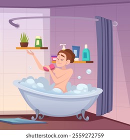 woman bathing. cleaning self body with soap foam in bathroom interior daily routine relax time