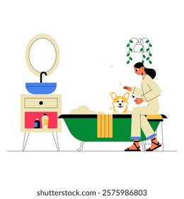 Woman Bathing Corgi Dog In Flat Vector Illustration Symbolizing Pet Hygiene, Dog Bathing, And Grooming, Isolated On White Background