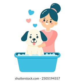 Woman Bathing Cute Dog with Love Hearts