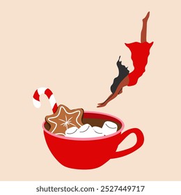 A woman is bathing in a cute holiday mug with a flat cartoon style, featuring a Christmas hot drink.