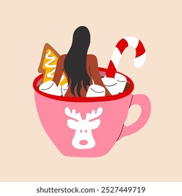 A woman is bathing in a cute holiday mug with a flat cartoon style, featuring a Christmas hot drink.