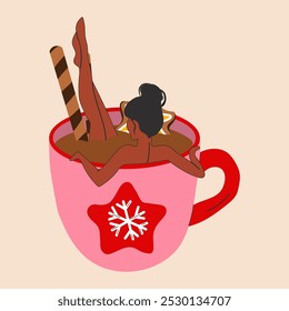 A woman is bathing in a cute holiday mug with a flat cartoon style, featuring a Christmas hot drink.