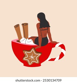 A woman is bathing in a cute holiday mug with a flat cartoon style, featuring a Christmas hot drink.