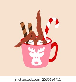 A woman is bathing in a cute holiday mug with a flat cartoon style, featuring a Christmas hot drink.