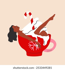 A woman is bathing in a cute holiday mug with a flat cartoon style, featuring a Christmas hot drink.	