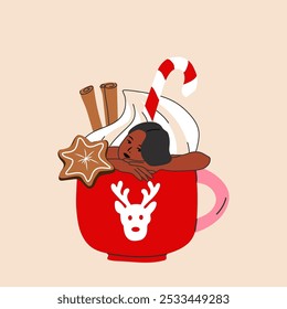 A woman is bathing in a cute holiday mug with a flat cartoon style, featuring a Christmas hot drink.	