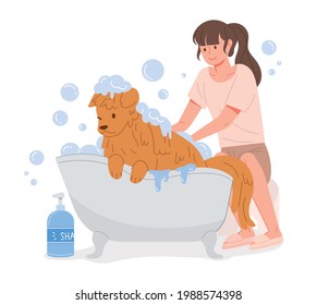 A woman is bathing a golden retriever clean. Pet care concept vector illustration.