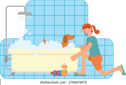 A woman bathing her dog in bathroom