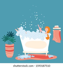 Woman bathing at home, cartoon character vector illustration. Smiling young woman washing in bathtub, foam bubbles and spilled water. Body care hygiene, girl enjoying relaxing bath