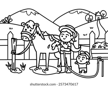 A woman is bathing a horse coloring pages style.