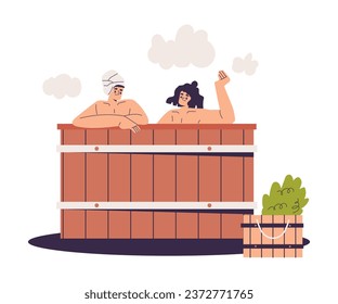 Woman Bathing in Sauna Tub Talking Taking Steam Bath Vector Illustration