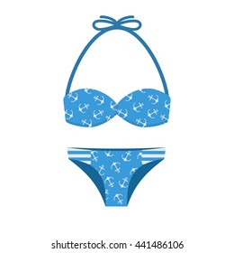 Woman bathing suit with anchor pattern. Girl summer swimsuit in blue color. Women bikini vector illustration. Beach bra and panties in flat design.