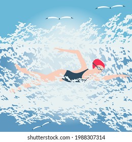Woman in a bathing suit, with glasses, cap. Big sea waves, seagulls - vector. Water sports. Leisure. Seascape.