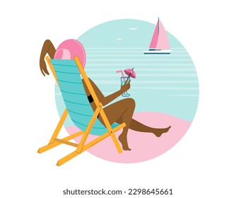 Eine Frau im Badeanzug und ein Hut sitzen auf einem Liegestuhl am Strand. Entspannung, Sommerstimmung. Vektorgrafik