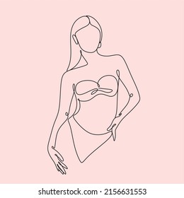 Woman in a bathing suit. One line vector drawing. Portrait minimalistic style. Nature symbol of cosmetics. Modern continuous line art. Fashion print.Modern
