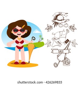 Woman in a bathing suit, panama hat and umbrella color illustration. Beach things.