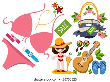 Woman in a bathing suit, panama hat and umbrella color illustration. Beach things.