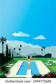 Woman in a bathing suit standing on a diving board over a luxurious outdoors pool in front of a beautiful resort landscape, EPS 8 vector illustration