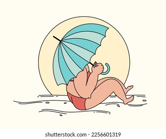 Eine Frau im Badeanzug sonnt sich am Strand vor der Sonne. Flache Vektorgrafik mit Umriss.