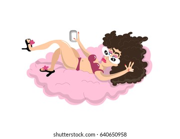 A woman in a bathing suit sunbaths on a cloud.