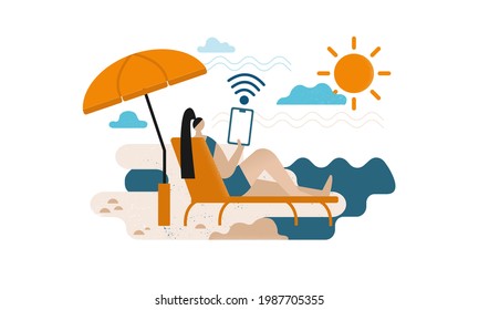 A woman in bathing suits lying on the sun chair with a smartphone. Being mobile on the beach concept. Sun umbrella for protection from the sun. Abstract summer beach and sea banner vector.