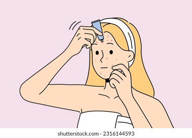 Woman in bathrobe apply cream on pimples on face. Unhappy girl treat redness struggle with facial problems. Skincare and beauty. Vector illustration. 