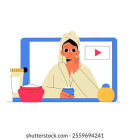 Woman in Bathrobe Applying Skincare Products for Video Blog in Flat Vector Illustration Symbolizing Beauty Routine, Skincare Tips, and Online Tutorial, Isolated on White Background