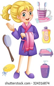 Woman in bathrobe and bathroom set illustration