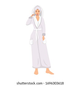 Woman in bathrobe brushing teeth flat color vector faceless character. Girl morning procedure isolated cartoon illustration for web graphic design and animation. Daily hygiene routine