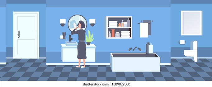 Woman In Bathrobe Brushing Teeth Rear View Girl Looking Into Mirror Modern Bathroom Interior Flat Horizontal Full Length